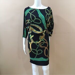 Cache Womens Chain Dress Boat Neck Dolman Sleeve Black Green Vintage Size Xs